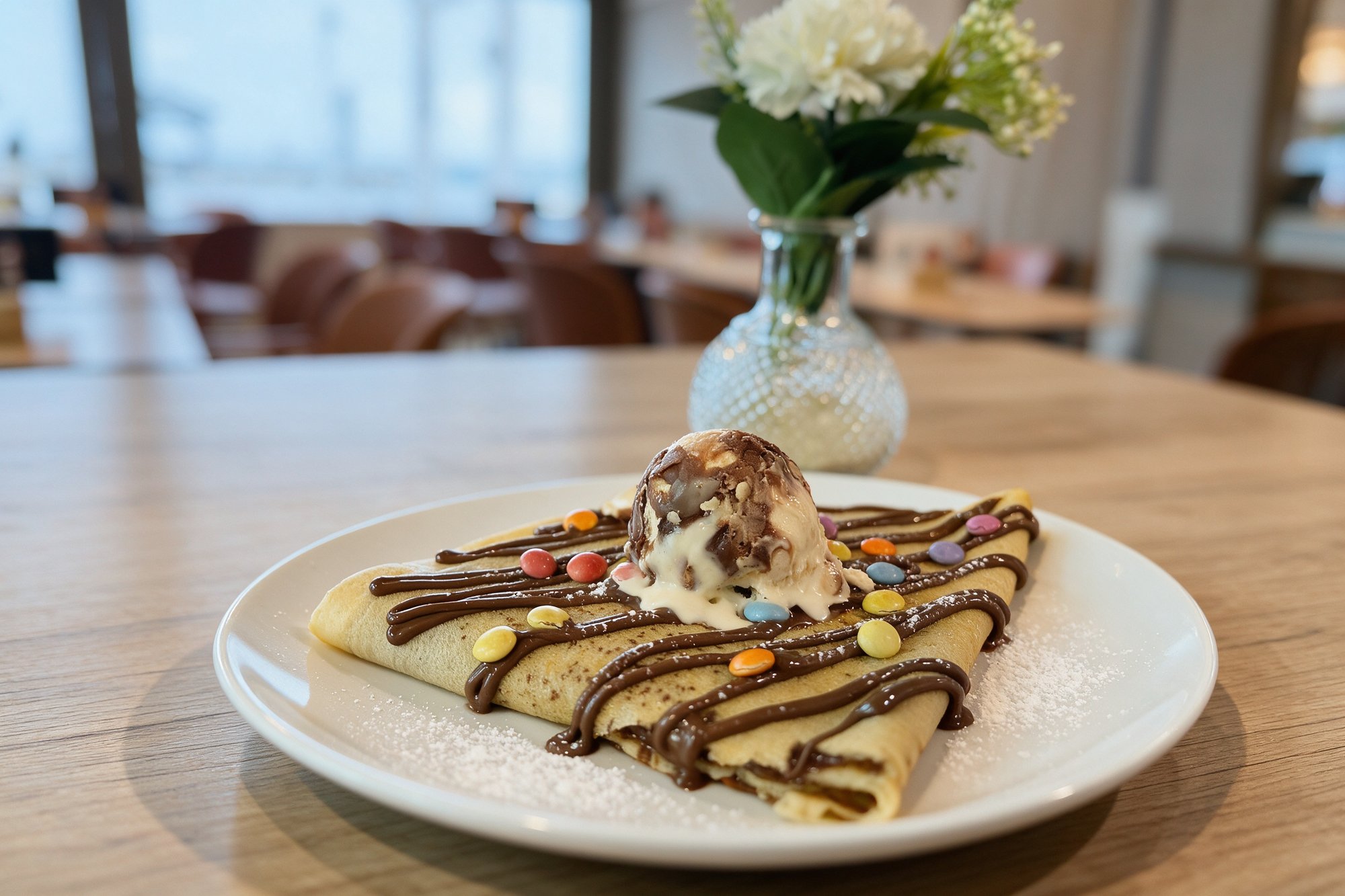 Crepes con bola de helado, sirope de chocolate y confeti de azúcar sobre plato blanco