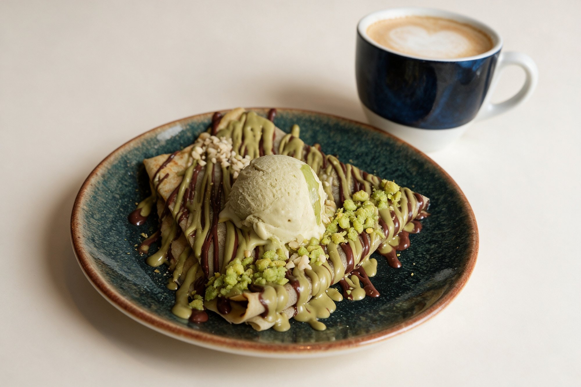 Pistacho Crepe de Salitre Café, crepé con helado de pistacho acompañado de un café con leche