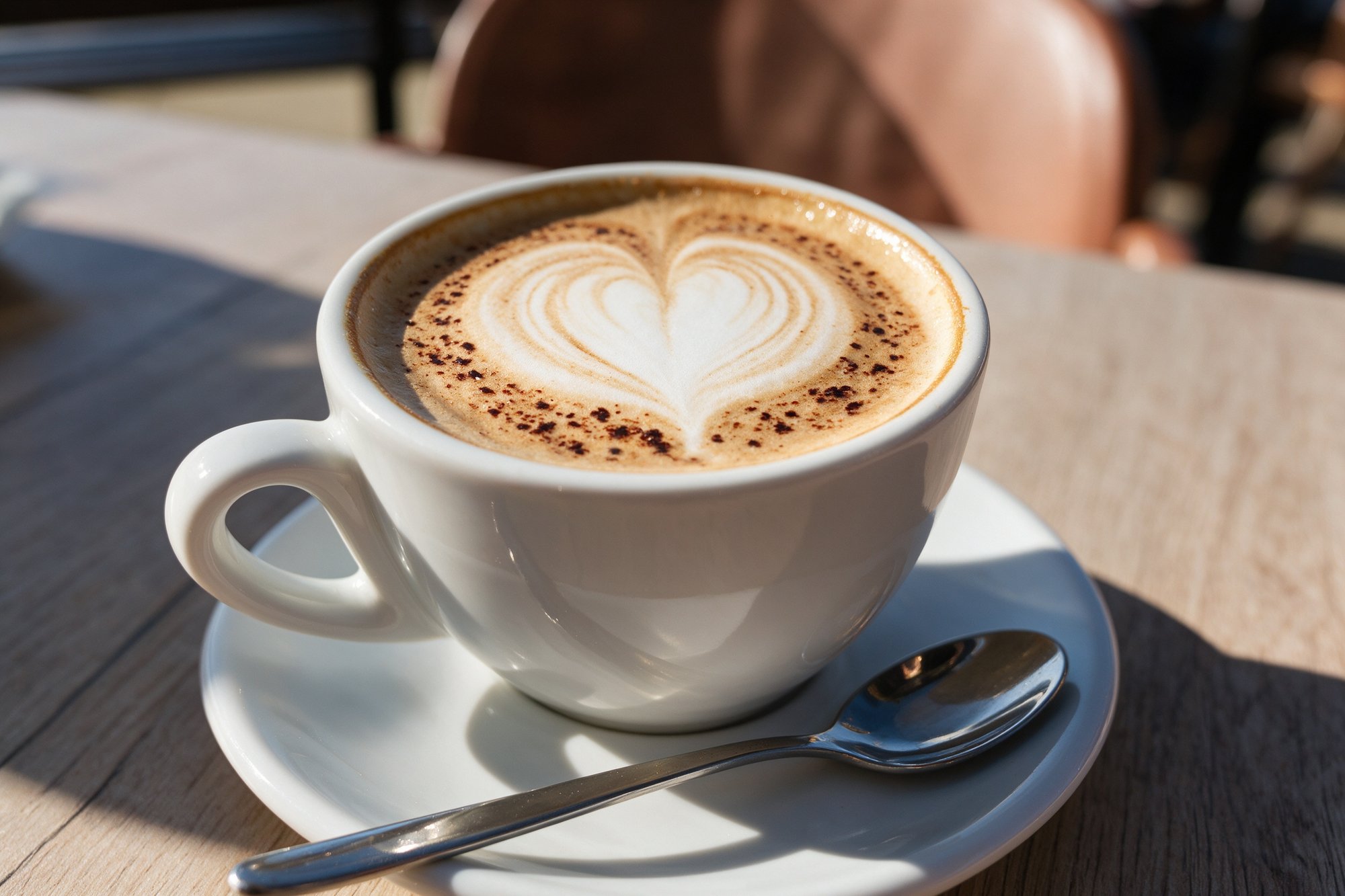 Latte con arte de corazón servido con taza y platillo