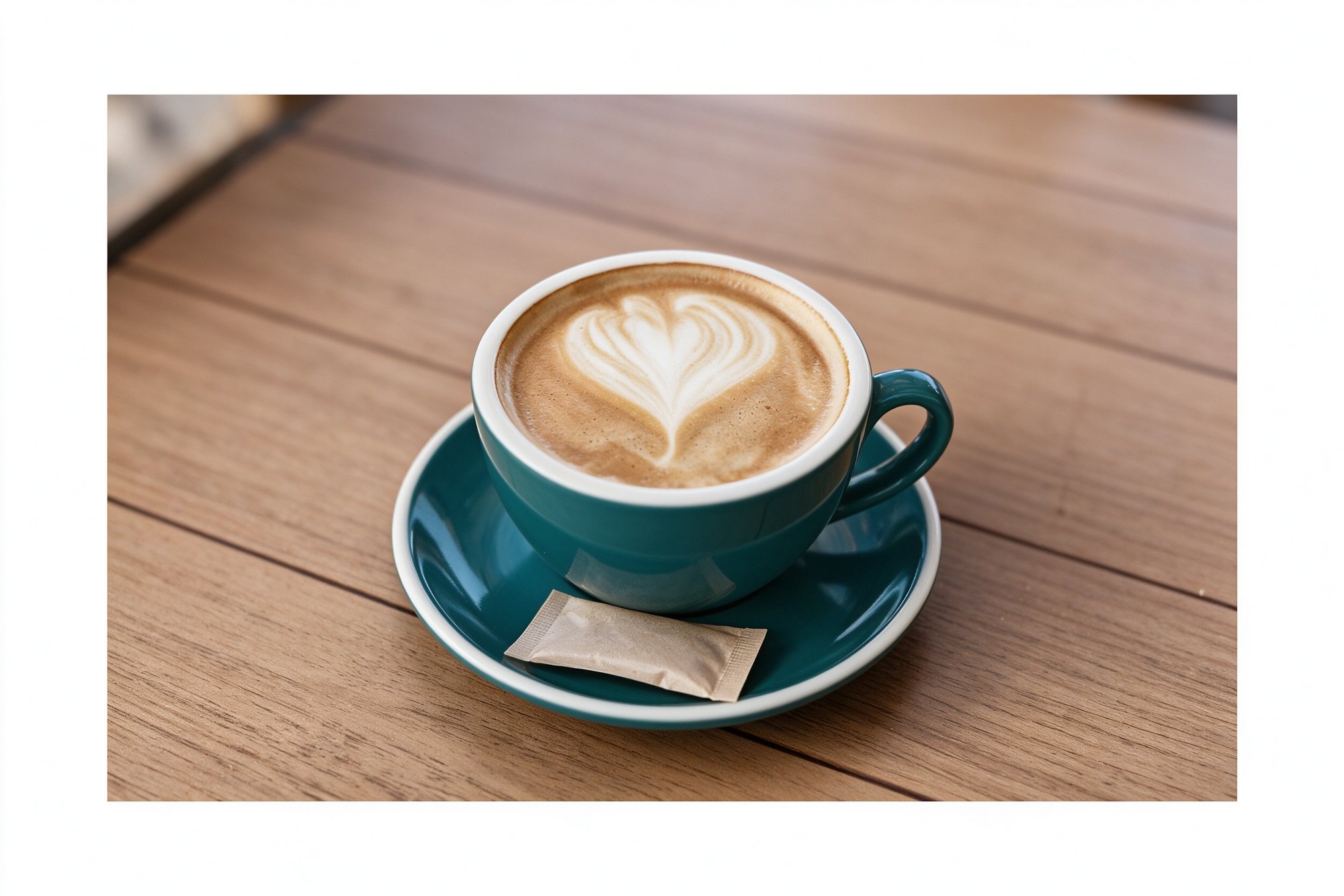 Café con Leche de Salitre Café, taza con arte de latte en forma de corazón sobre mesa de madera
