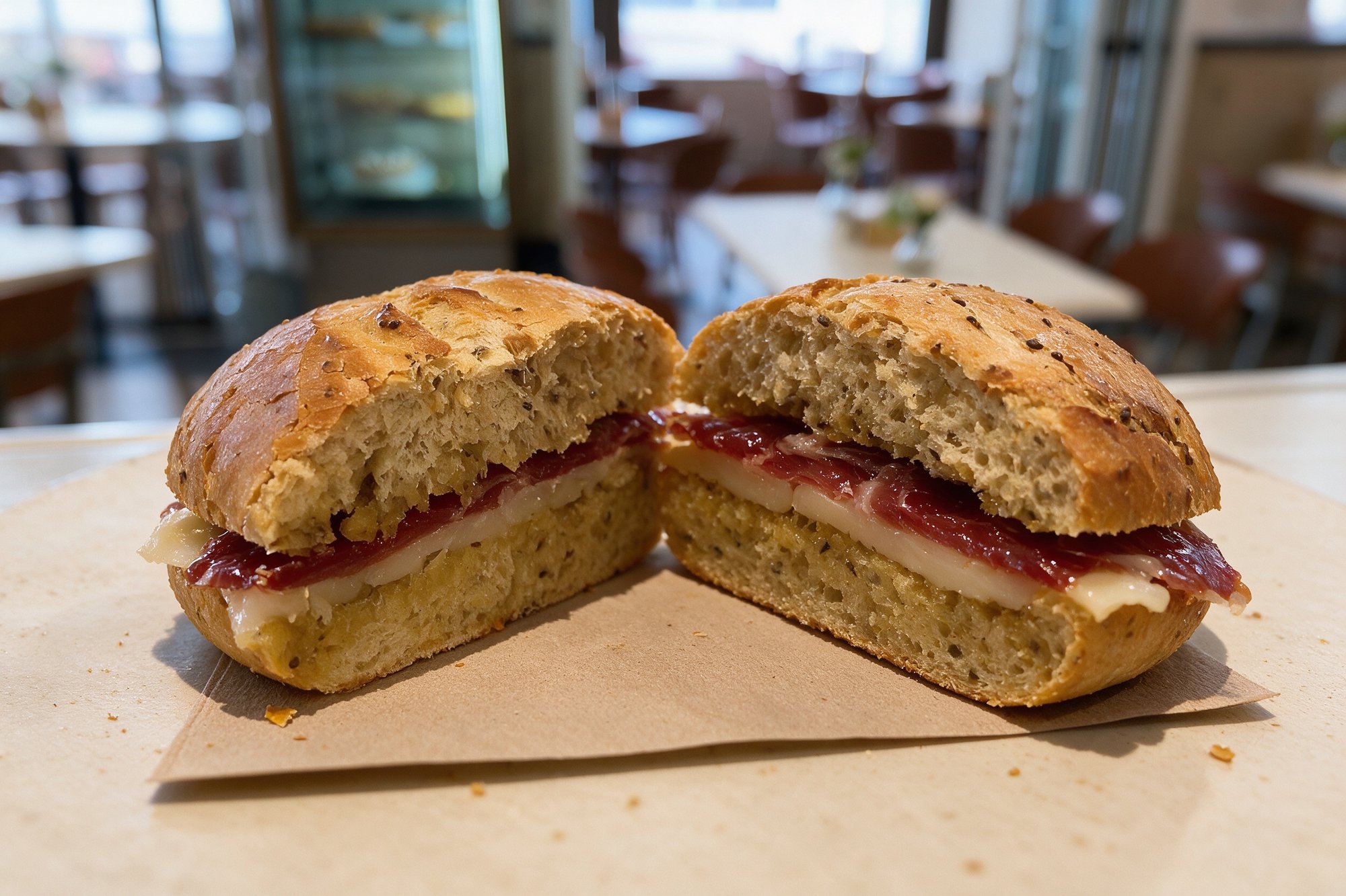 Sándwich mixto de jamón y queso en pan de cereales, cortado por la mitad y servido en papel