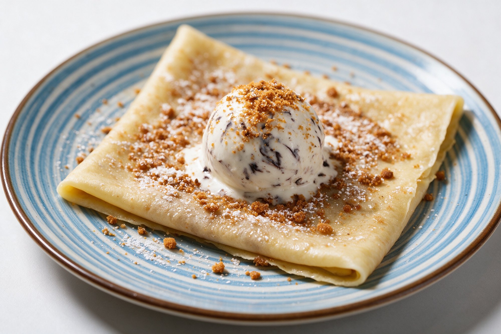 Crepe con Helado de Salitre Café, crepé con bola de helado, galleta picada y azúcar glas en plato de borde azul