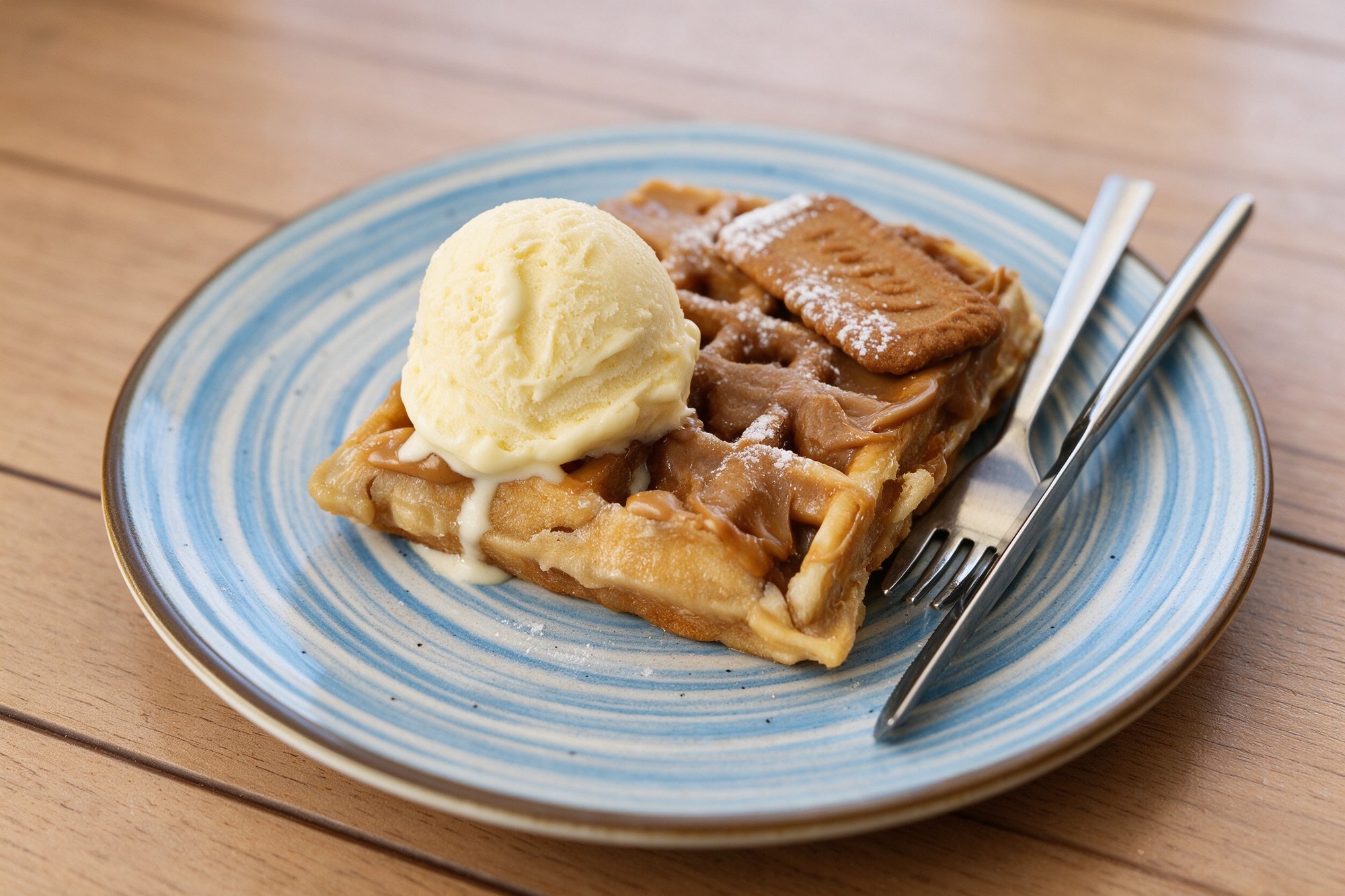Waffle con Helado de Salitre Café, gofres con bola de helado sobre mesa de madera