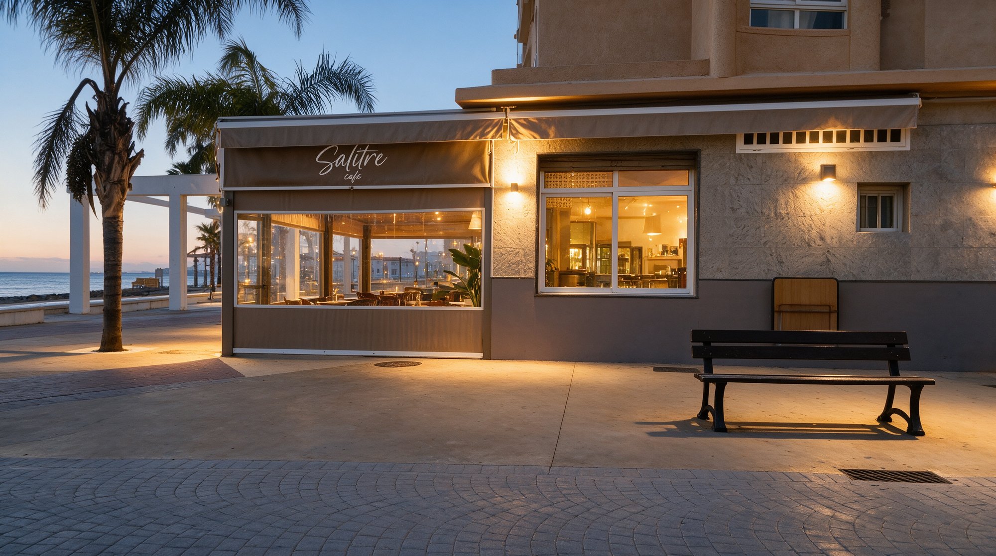 Fachada de Salitre Café al atardecer en Algarrobo-Costa, toldo marrón con el letrero Salitre café, palmeras y vistas al mar
